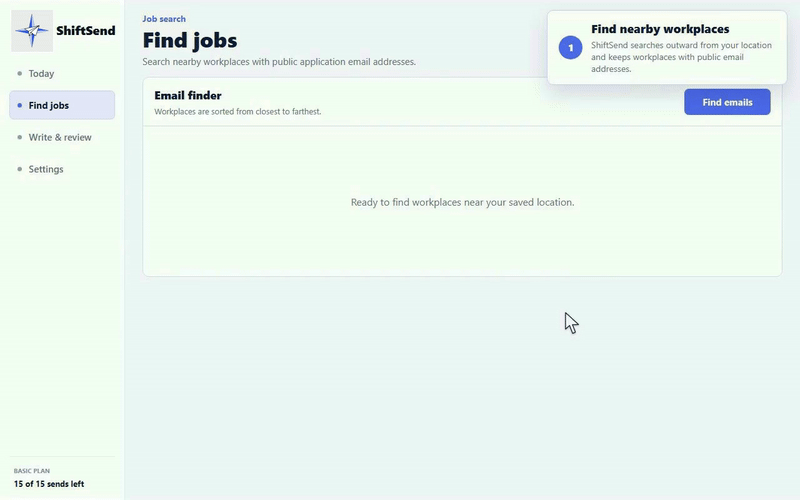 ShiftSend product workflow showing how users find workplaces, write tailored emails, approve drafts, and send applications